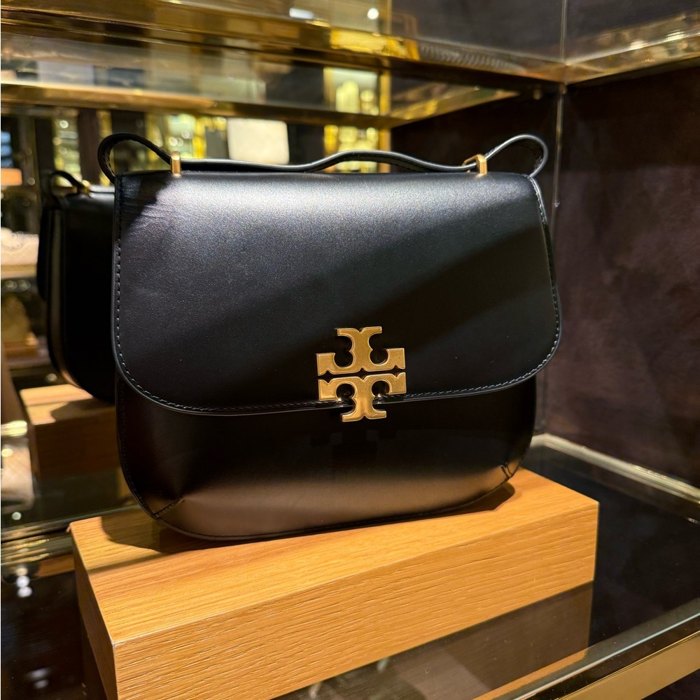 Tory Burch Black Slim Saddle Crossbody Bag with Gold Logo